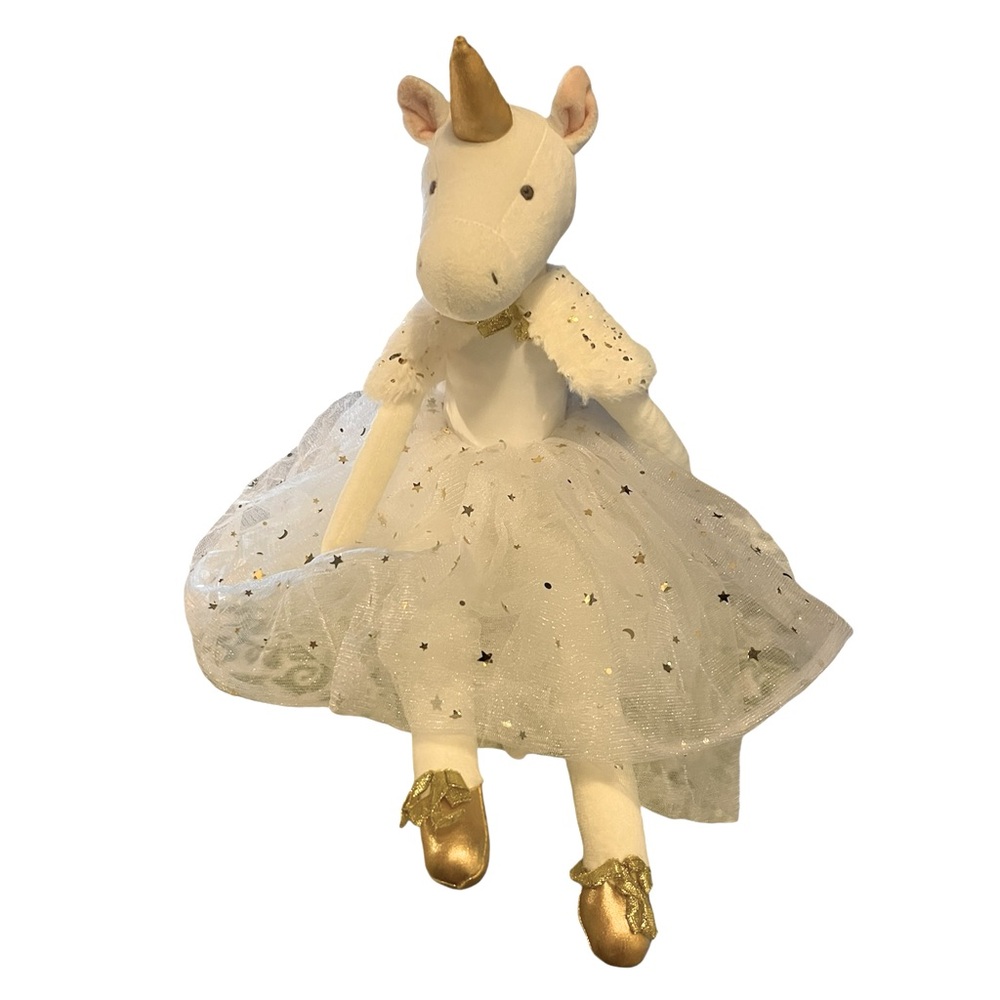 FAO Schwarz White Unicorn Ballerina, Tulle , Fleece Cape, Gold Accents